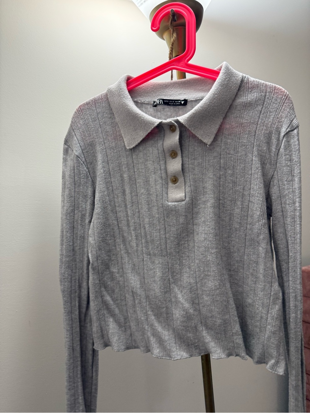 Zara Light Gray Ribbed Polo Long Sleeve Top - Picture 2 of 3